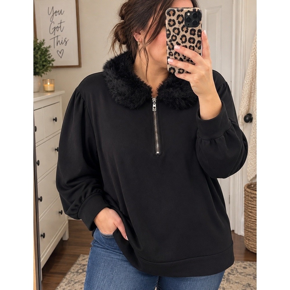 Jingle Belles Kim Gravel Faux Fur Half Zip Sweatshirt 2X Black NWOT